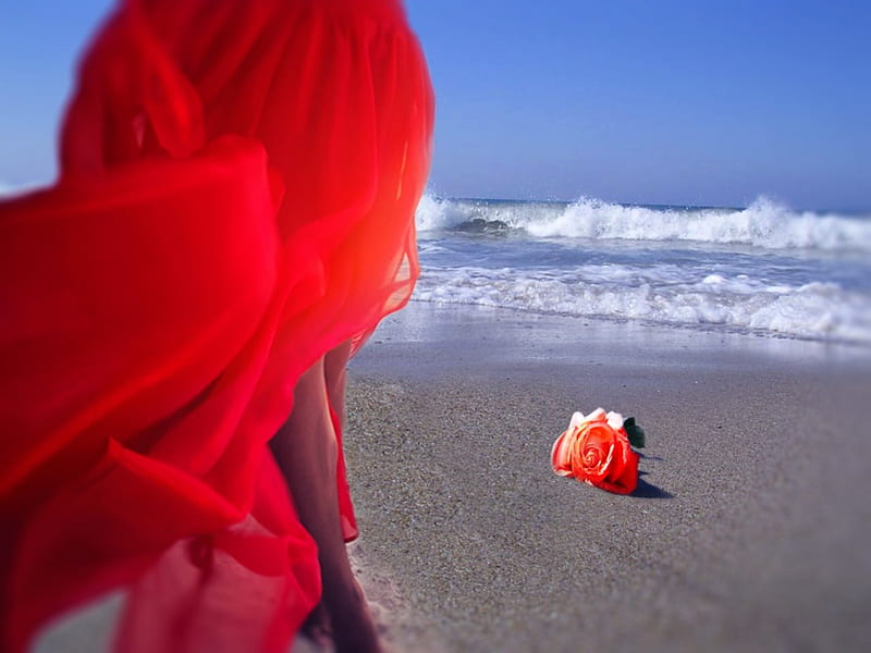 Leaving behind this summer..., red, red dress, Legs, orange, long red dress, rose, sunset, goodbye summer, sea, beach, sand, girl, feet, summer, seaside, single, HD wallpaper