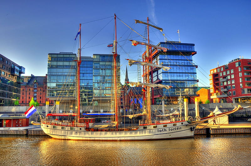 Museum Port, Hamburg, Germany, city, river, germany, sailship, HD wallpaper