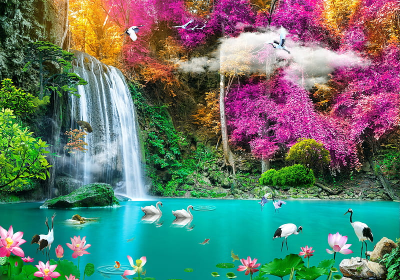 Waterfall in paradise, exotic, lotos, paradise, waterfall, birds, trees, forest, colorful, swans, lily, HD wallpaper