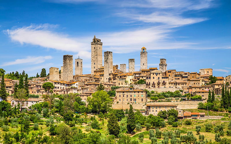 San Gimignano summer, italian landmarks, Tuscany, Italy, HD wallpaper