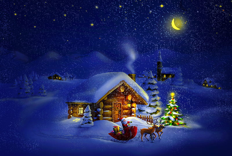 Christmas night, sleigh, house, cottage, bonito, eve, lights, village, evening, reindeers, frost, night, stars, holiday, christmas, winter, tree, santa, snow, snowflakes, snowfall, wooden, HD wallpaper