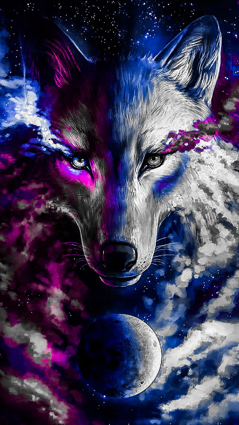 Cool colored wolf, blue, city, galaxy, pink, white, HD phone wallpaper