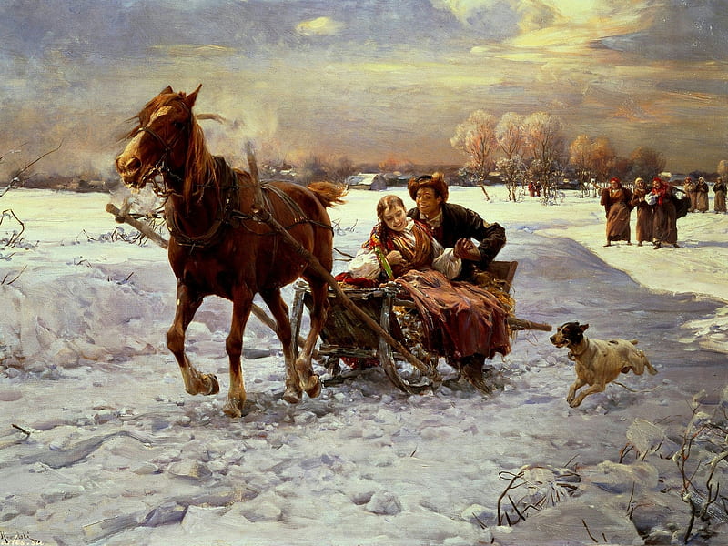 Winter fun, art, painting, pictura, horse, dog, couple, winter, iarna, lovers, HD wallpaper