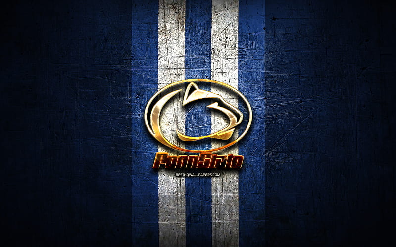 Penn State Nittany Lions, golden logo, NCAA, blue metal background,  american football club, HD wallpaper