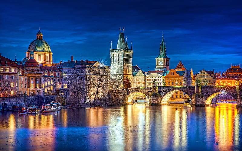 Charles bridge, Vltava river, Czech cities, nightscapes, Prague, Czech Republic, Europe, Prague at night, HD wallpaper
