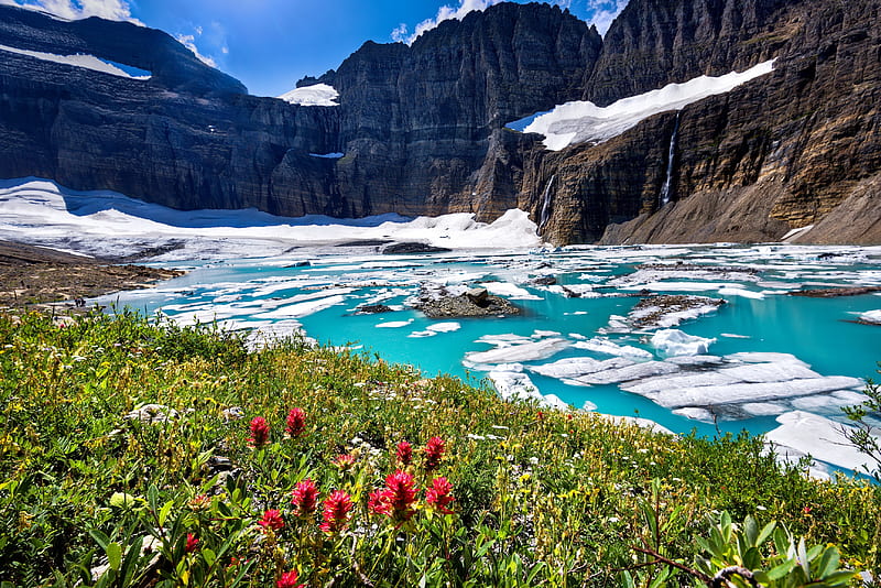 Glacier NP, national park, mountain, turquoise, water, glacier, Montana, wildflowers, bonito, HD wallpaper