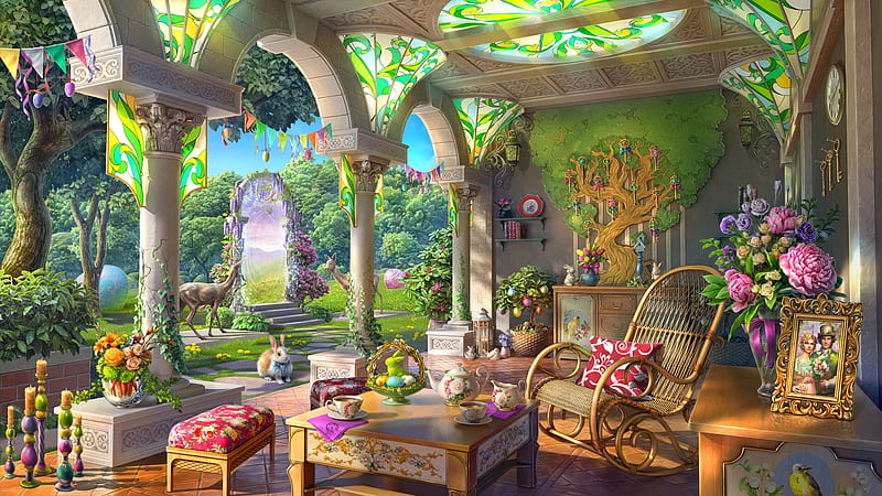 Easter, garden, stuff, terrace, frumusete, ab games, luminos, abgames, fantasy, green, pink, HD wallpaper