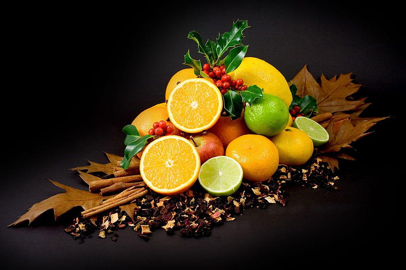 Fruit, apple, berries, orange, abstract, lemon, lime, HD wallpaper