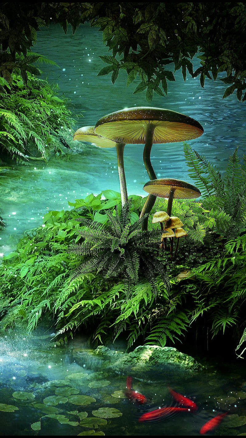 fantasy, fish, koi, leaves, mushroom, nature, plant, river, tree, water, HD phone wallpaper