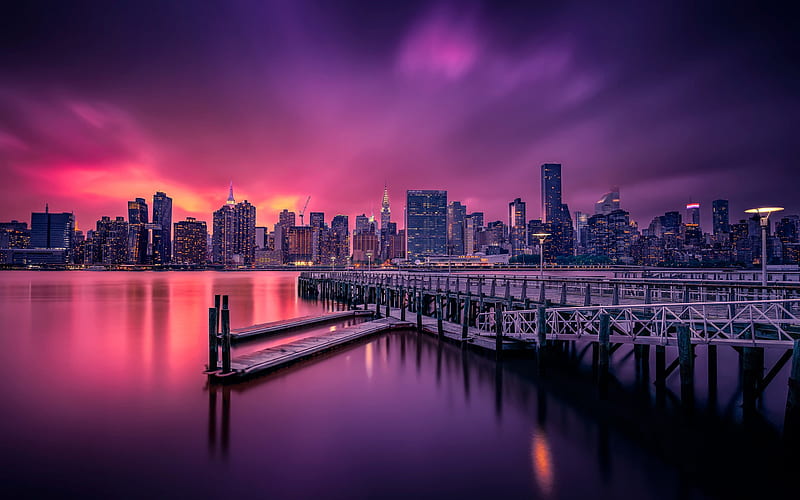 New York, sunset, skyline, skyscrapers, red sky, evening, NY skyline, modern cities, metropolis, USA, HD wallpaper