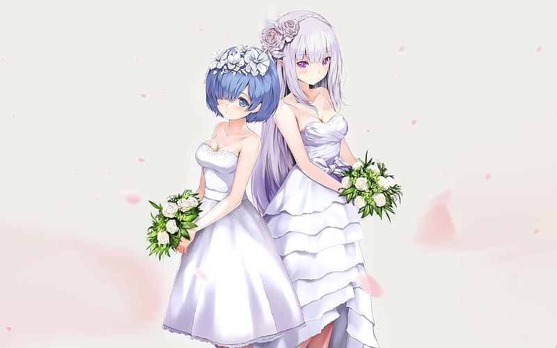 Emilia, Rem, wedding, white dress, Re Zero, manga, HD wallpaper