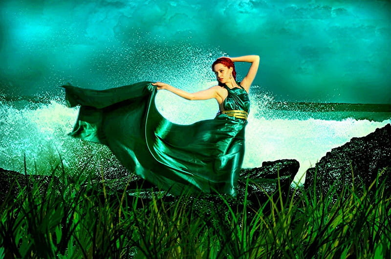 Green grow the rushes, pretty, grass, bonito, magic, woman, sea, splash, nice, green, green dressed, fairy, grow, lovely, greenery, rushes, waves, sky, lake, pond, water, girl, lady, HD wallpaper