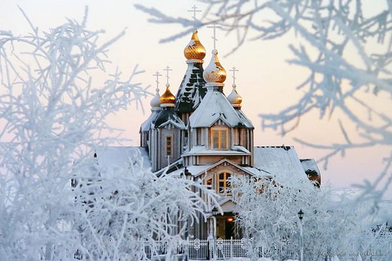 splendid golden domes, christmas, religion, church, sky, church view, winter, golden domes, orthodox, snow, ice covered trees, ice, frosty branches, frost, HD wallpaper