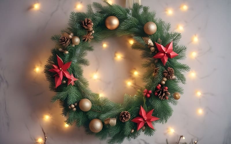Advent Wreath, advent, AI art, cones, lights, spruce, balls, flowers, wreath, HD wallpaper