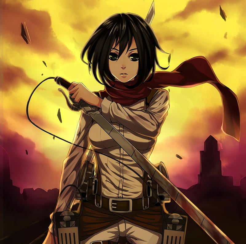 Mikasa, female, mikasa ackerman, short hair, shingeki no kyojin, girl, blade, attack on titan, emotional, anime, dark, scarf, anime girl, weapon, sword, serious, HD wallpaper