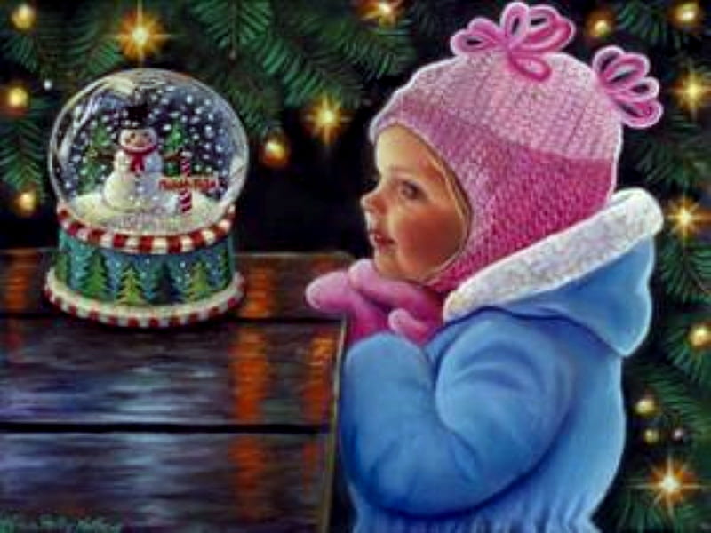 Christmas Through Your Eyes, Christmas, Pink, Globe, Girl, Snow man, Lights, Tree, Hat, HD wallpaper