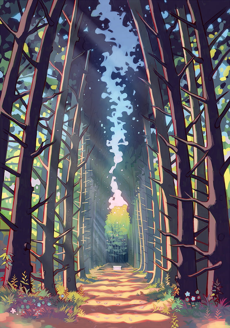 forest, trees, alley, path, art, HD phone wallpaper