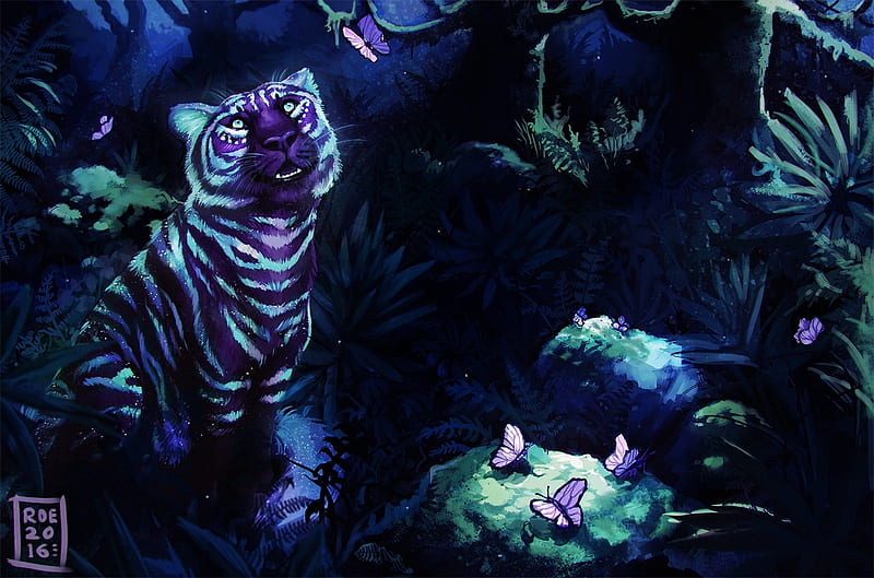 Lunar forest, luminos, tiger, animal, monrroe, fantasy, butterfly, green, purple, dark, jungle, blue, HD wallpaper