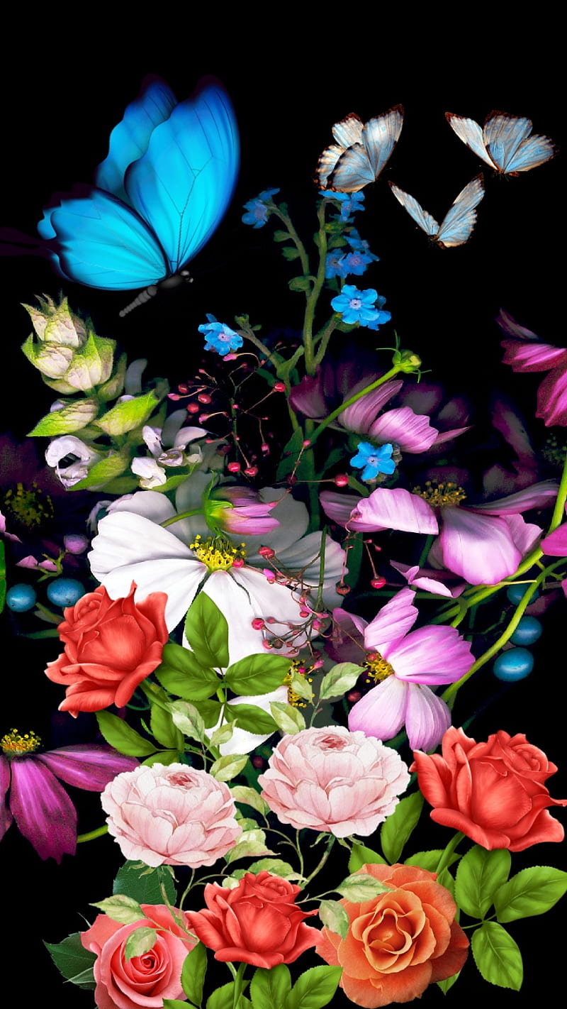 Butterfly Garden, black, butterflies, colorful, flowers, hydrangia, neon, outdoors, pretty, roses, HD phone wallpaper