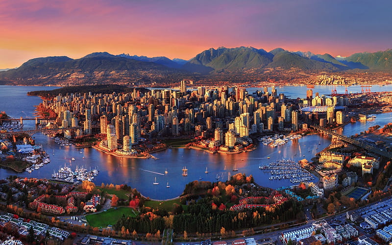 Vancouver, skyscrapers, sunset, megalopolis, British Columbia, marina, evening, Canada, HD wallpaper