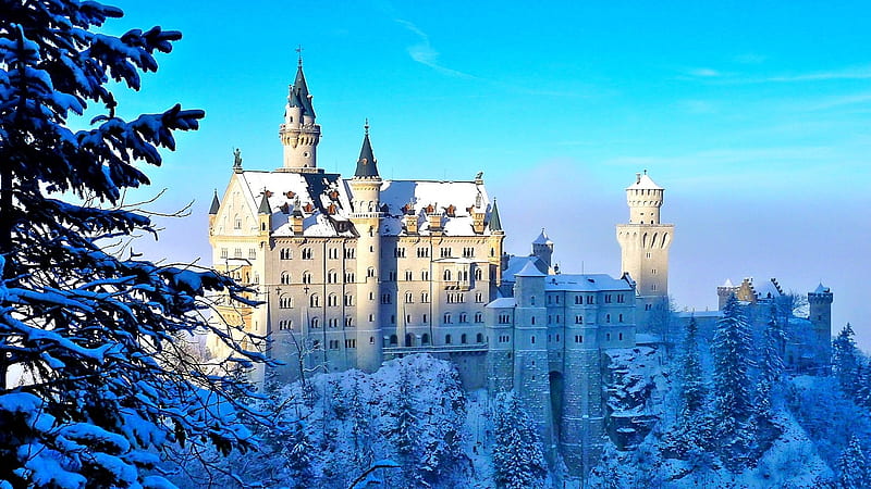 Neuschwanstein Castle in Winter, germany, medieval, snow, trees, castle, winter, HD wallpaper