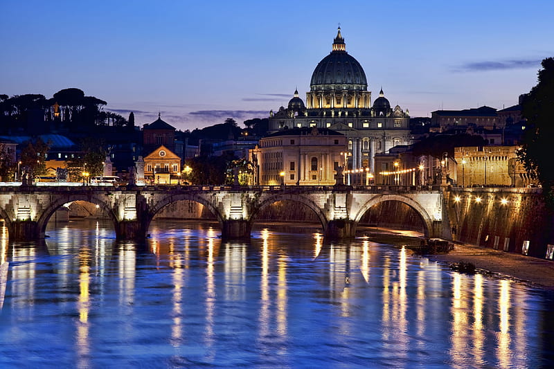 Rome, the Vatican, water, bridge, river, evening, reflections, lights, HD wallpaper