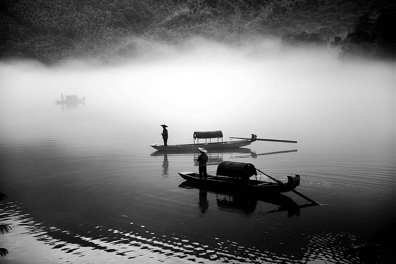 grayscale of two row boats, HD wallpaper