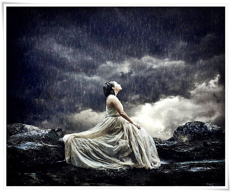 Crying in the rain., Girl, Sad, White, rain, HD wallpaper
