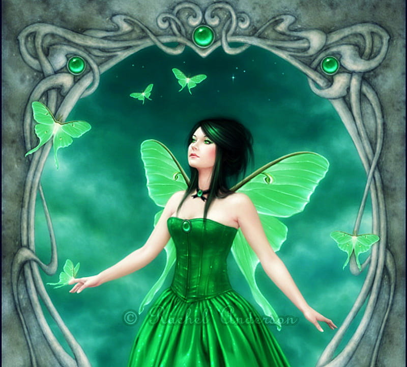 ✫Gemstone of May✫, pretty, background, angels, women, fantasy, paintings, drawings, butterfly designs, wings, lovely, jewelry, cute, birthstones, cool, dress, charm, bonito, digital art, valuable, hair, May, green, fairies, gemstones, girls, animals, female, model, necklace, colors, emerald, butterflies, precious, weird things people wear, HD wallpaper