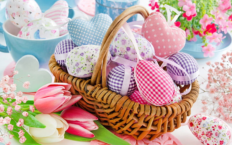 Easter eggs, pink tulips, spring flowers, Easter, basket with Easter eggs, Spring, HD wallpaper