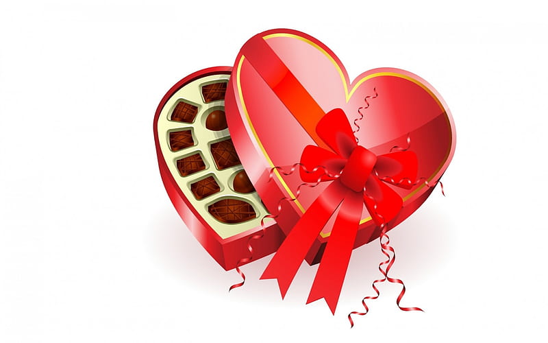 Happy Valentine's Day!, red, chocolate, heart, bow, valentine, white, HD wallpaper