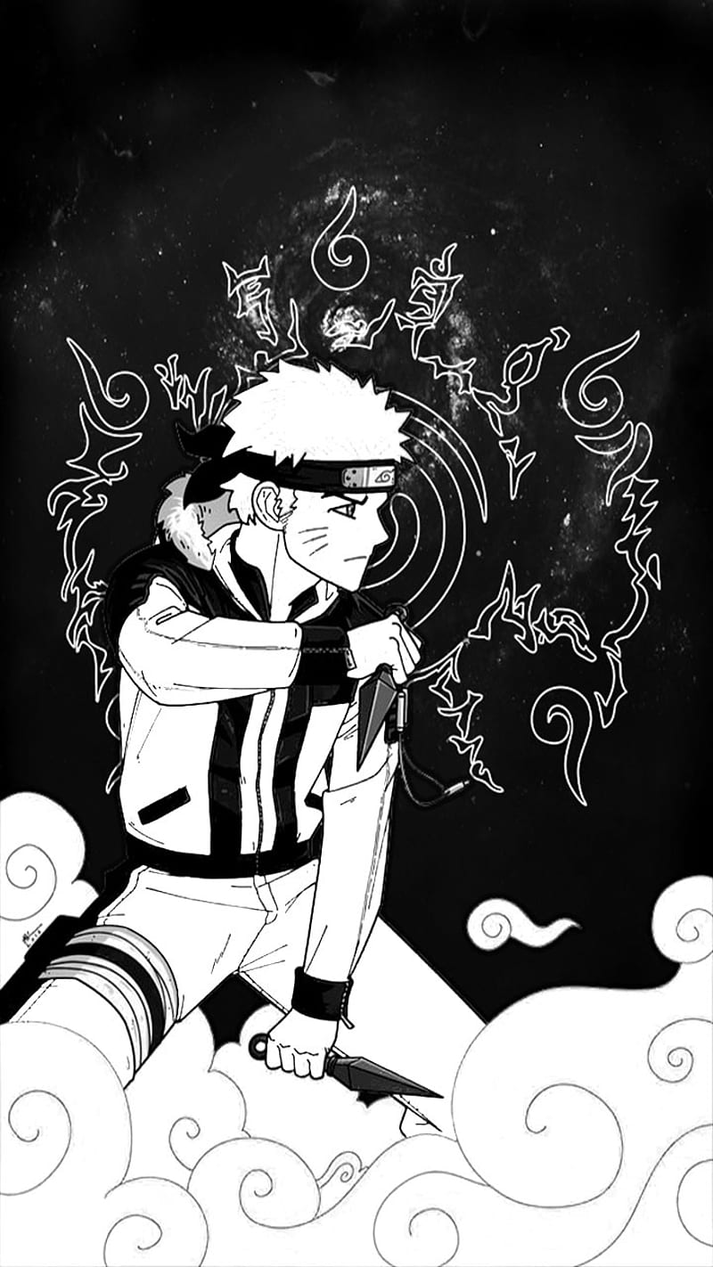 Naruto Uzumaki, black, konoha, kyuunbi, night, seal, shippuden, white, HD phone wallpaper