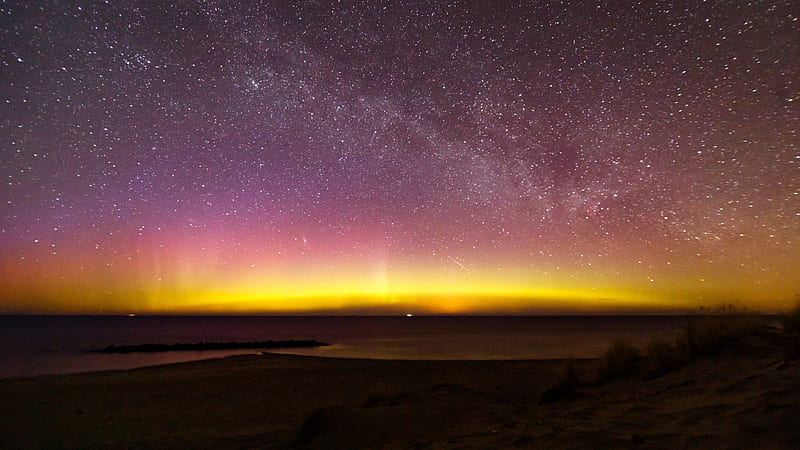Northern Lights & Milky Way over Denmark, Stars, Aurora, Sky, Galaxies, Northern Lights, Nature, HD wallpaper