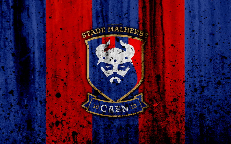 FC Caen logo, Ligue 1, stone texture, Caen, grunge, soccer, football club, metal texture, Liga 1, Caen FC, HD wallpaper