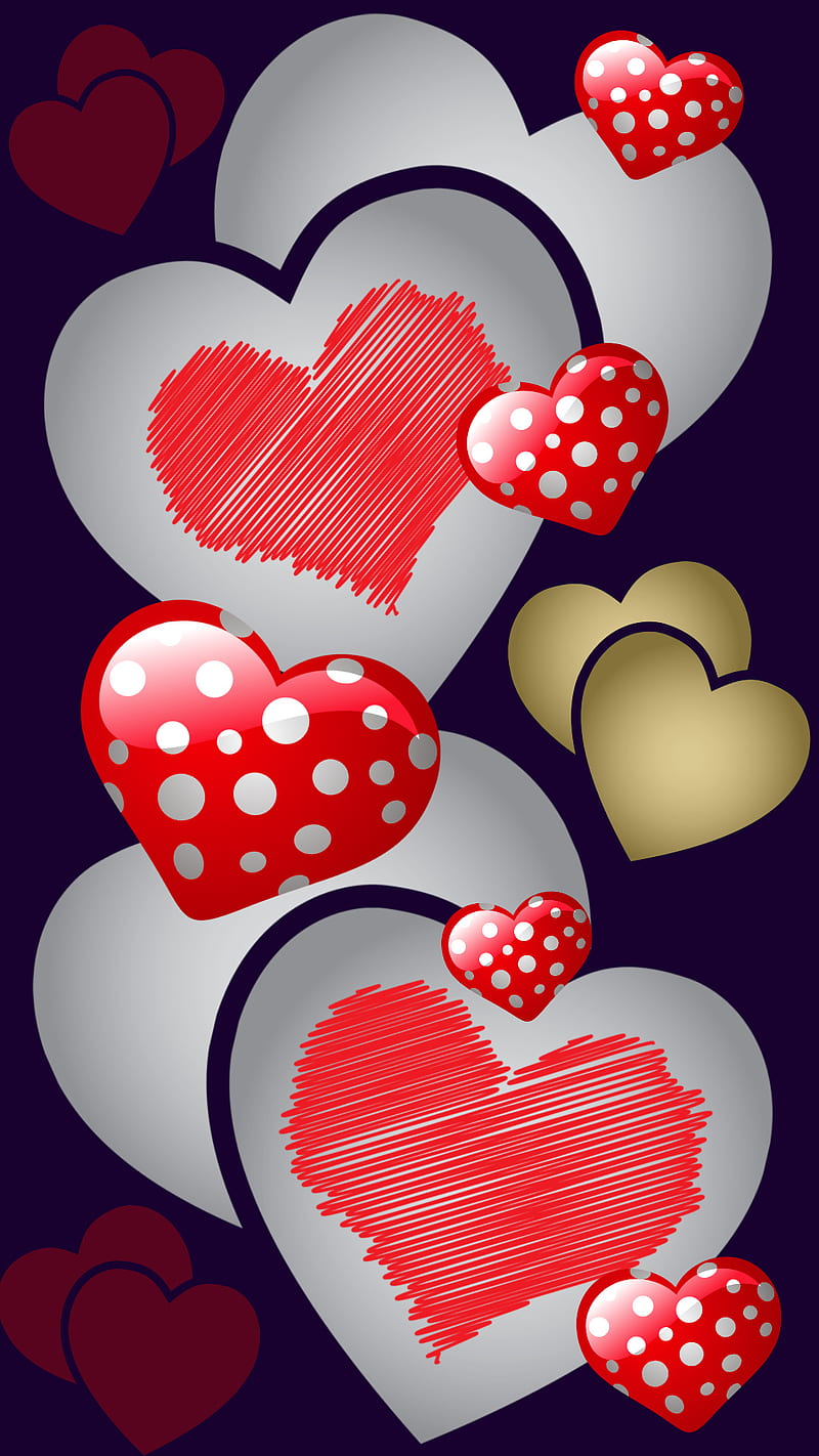 Silver red hearts, black, gold, corazones, love, red, silver, HD phone wallpaper