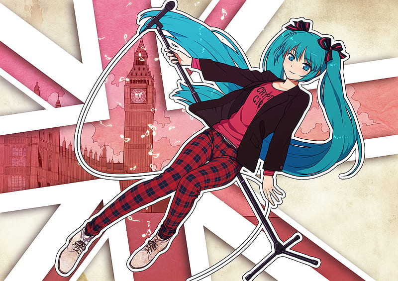 MIKU IN LONDON!!!, vocaloid, miku, microphone, england, HD wallpaper