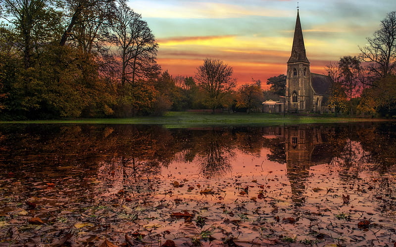 Church by lakeside, river, sky, lake, Church, sunset, HD wallpaper