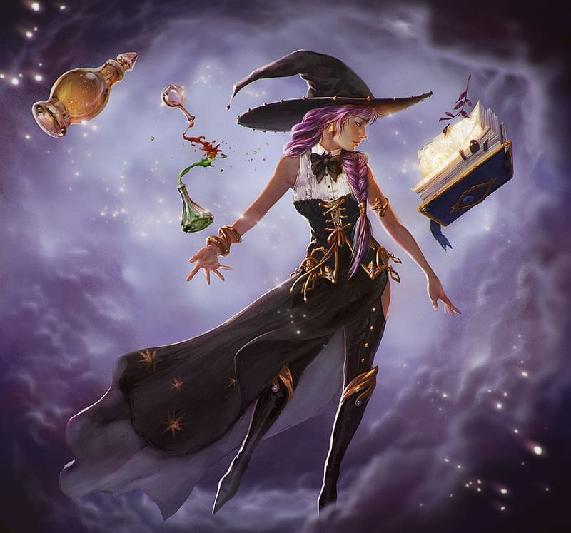 Witch, halloween, spell, book, fantasy, art, girl, hat, purple, HD wallpaper