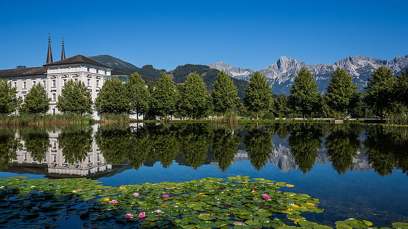 Abbey Alps Austria Monastery Mountain With Reflection On River Travel, HD wallpaper