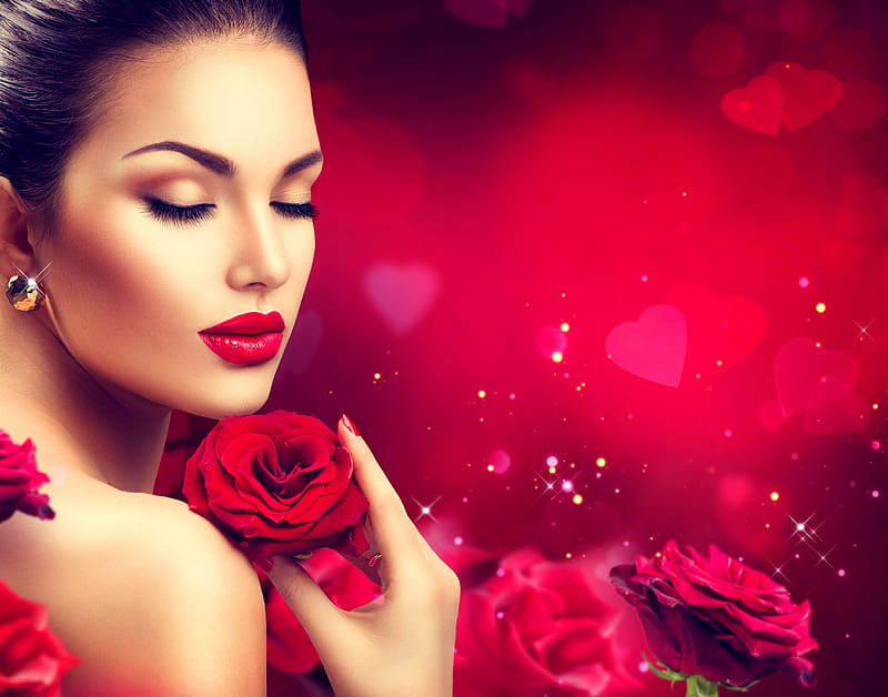 Happy Valentine's Day!, red, model, rose, valentine, woman, anna subbotina, trandafir, card, bokeh, girl, heart, hand, flower, HD wallpaper