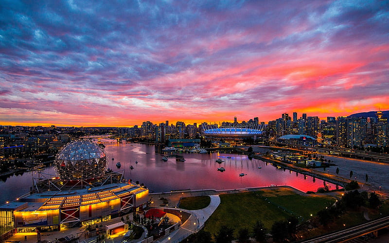 Sunset on Vancouver, BC, Vancouver, False Creek, City, Sunset, HD wallpaper