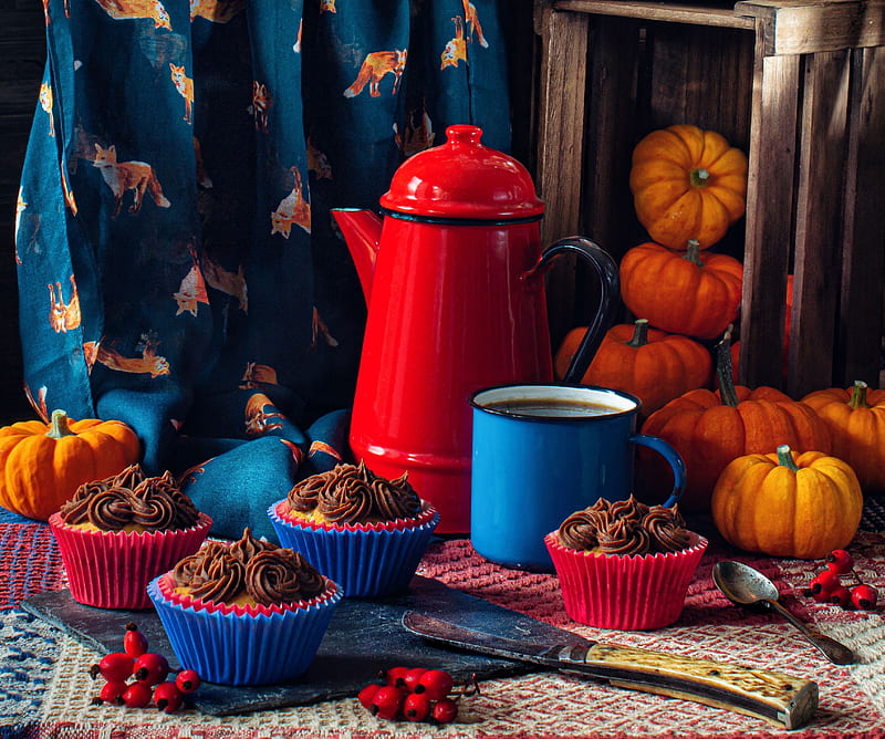 Food, Cupcake, Kettle, Pumpkin, Still Life, HD wallpaper