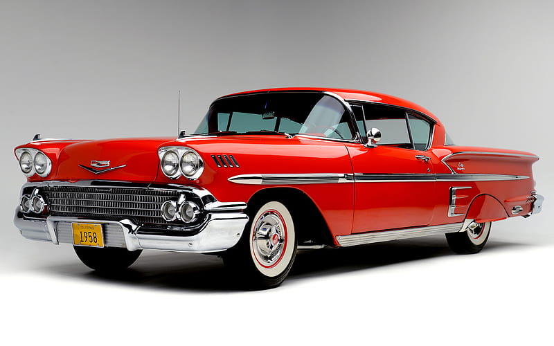 Chevrolet Bel Air Impala, 1958, front view, red coupe, retro cars, red Bel Air Impala, american vintage cars, Chevrolet, HD wallpaper