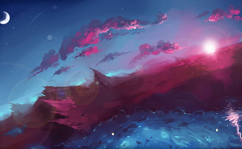 Waves at sunset, stars, art, cloud, ocean, waves, sky, sea, moon, water, anime, pink, blue, HD wallpaper