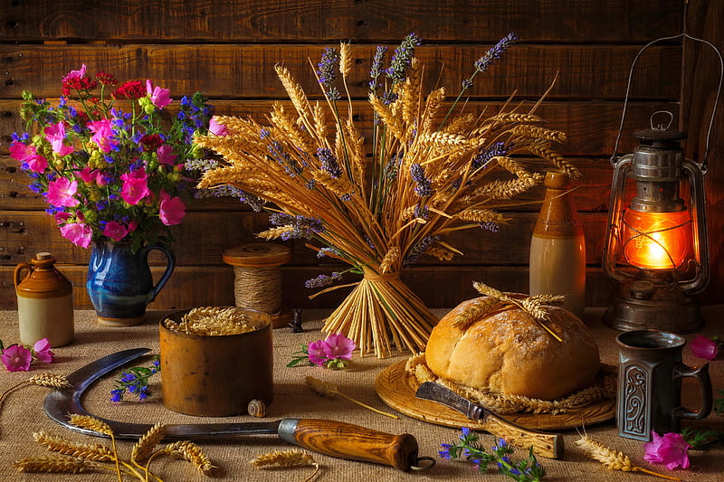 Still life, pretty, lantern, wheat, bread, vase, bouquet, summer, flowers, light, HD wallpaper