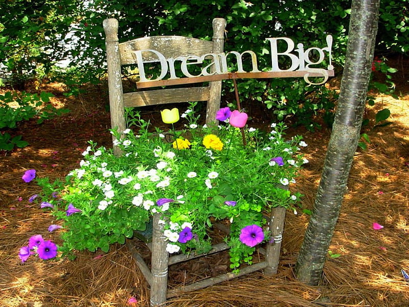 Dream Big - Garden Vignette, art, sign, graphy, planter, quote, flowers, garden, chair, inspire, HD wallpaper