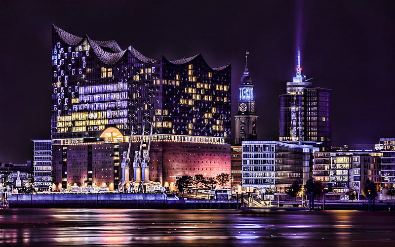 Elbphilharmonie, nightscapes, Elbe Philharmonic, Elbe River, modern architecture, Hamburg, Germany, Europe, HD wallpaper