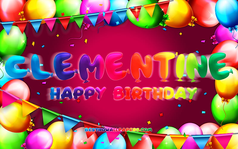 Happy Birtay Clementine, , colorful balloon frame, Clementine name, purple background, Clementine Happy Birtay, Clementine Birtay, popular american female names, Birtay concept, Clementine, HD wallpaper