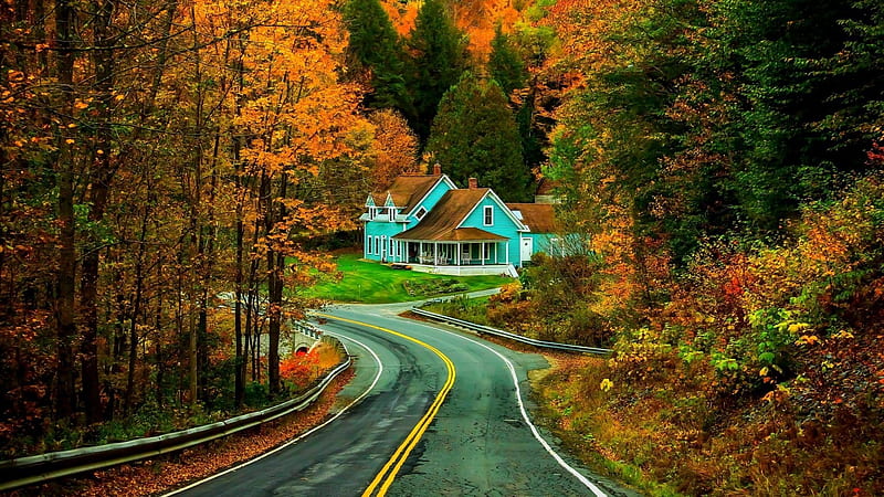 New Hampshire Road House, Autumn color, forest, autumn, house, hampshire, nature, road, trees, HD wallpaper