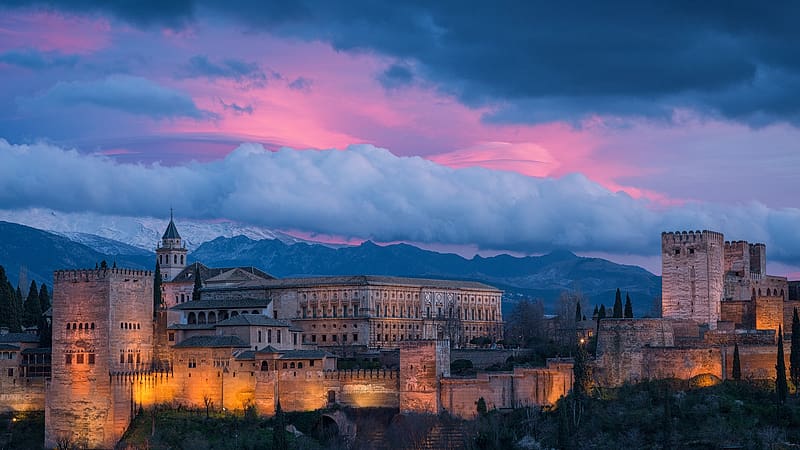 Sunset, Castles, Fortress, Cloud, Spain, , Castle, Alhambra, HD wallpaper